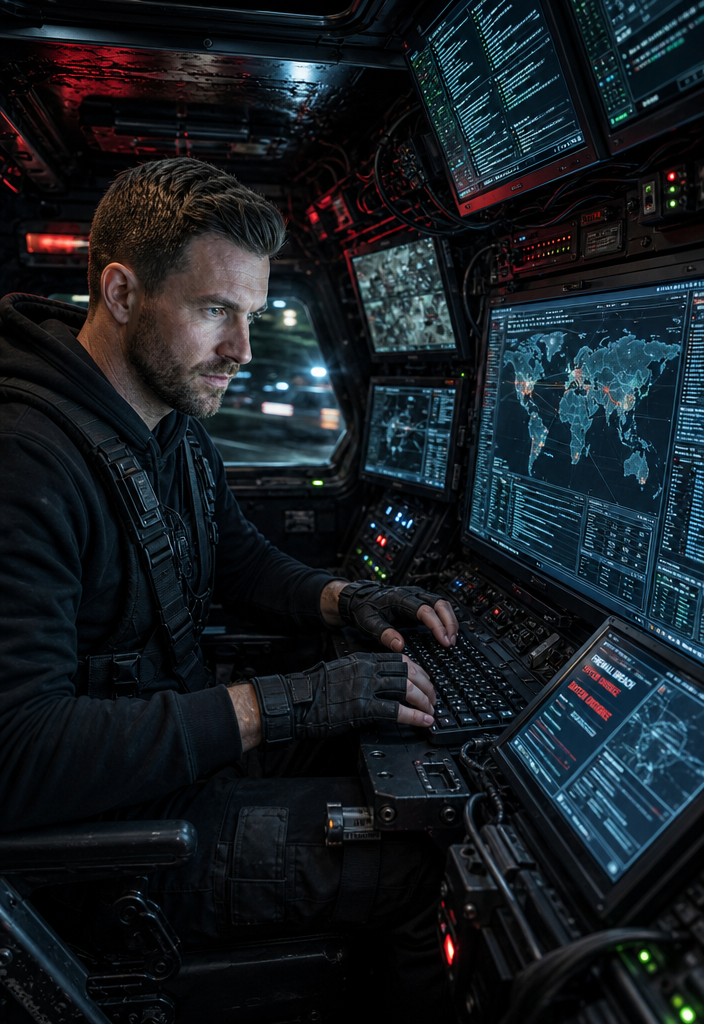 A cinematic, hyper-detailed side-angle shot inside a moving armored command vehi