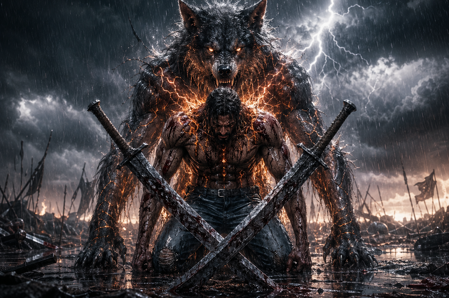 A hyper-realistic, ultra-cinematic wide shot of a battered, warrior kneeling in 