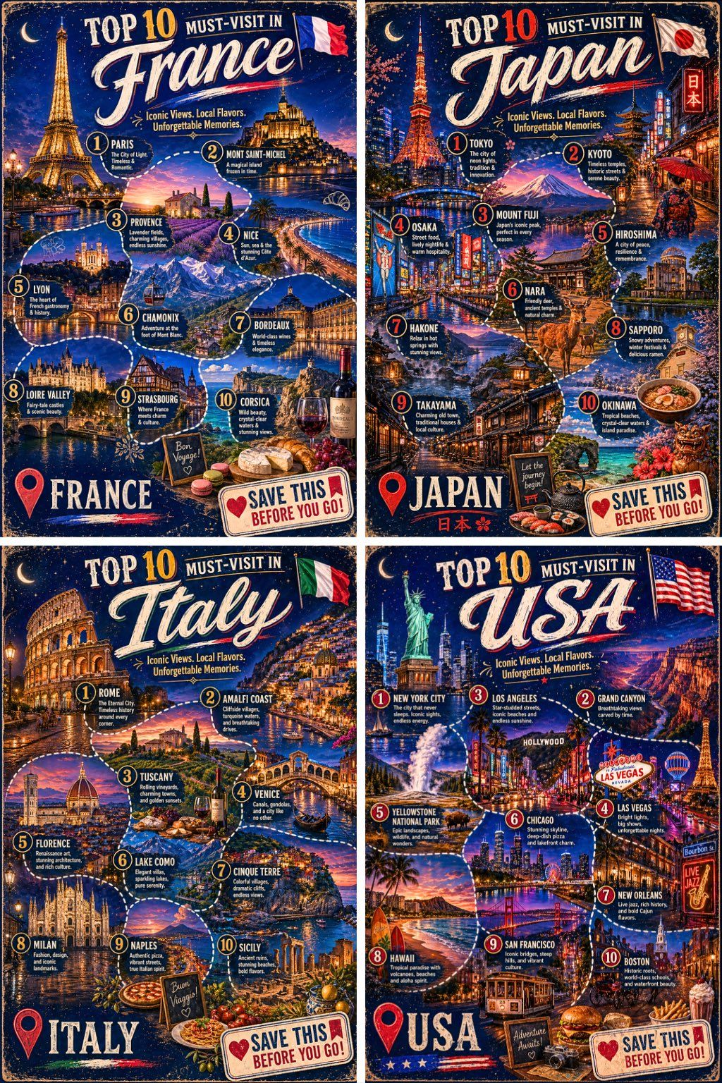 “A vibrant, illustrated travel poster titled “Top 10 Must-Visit in COUNTRY” with