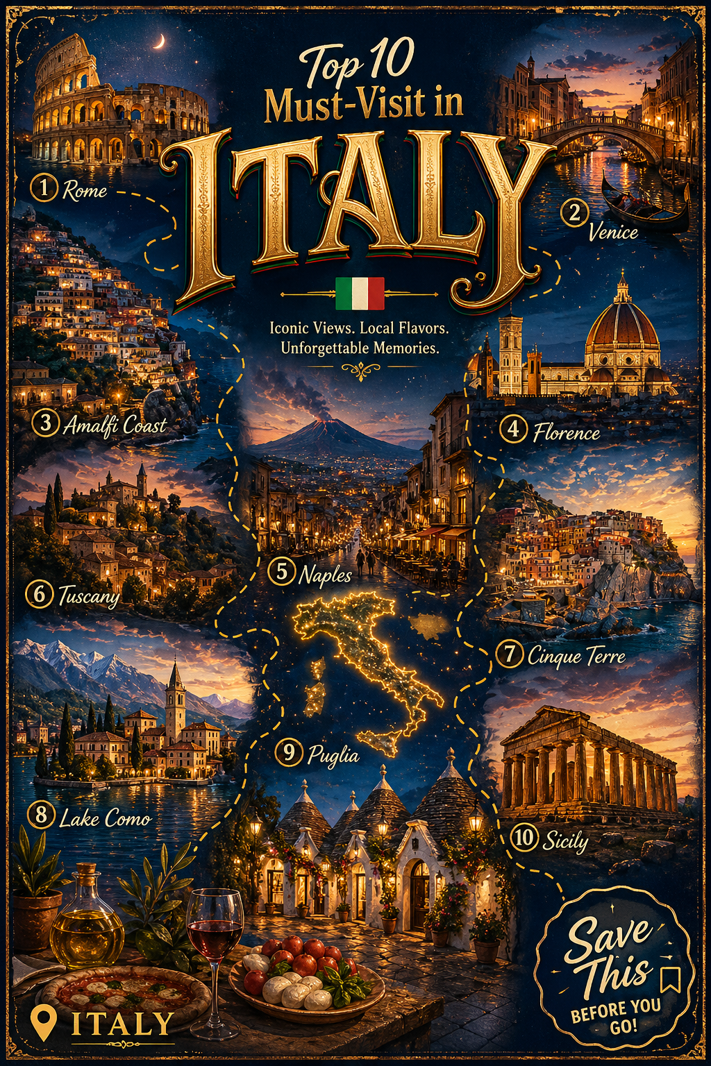 “A vibrant, illustrated travel poster titled “Top 10 Must-Visit in ITALY” with a
