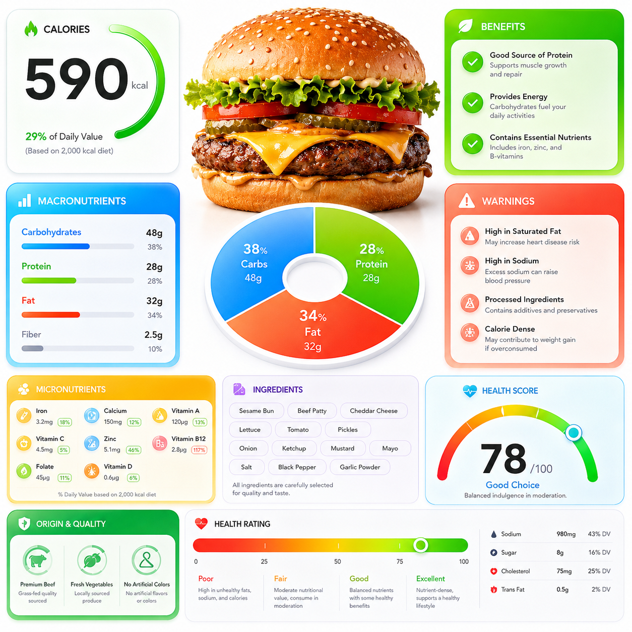“A ultra-detailed nutrition facts infographic poster of [hamburger], designed in