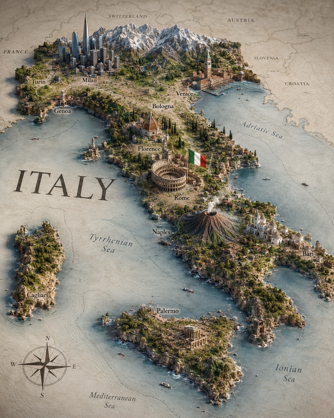 “A realistic map of the [ITALY] territory lying on a surface, with the country n