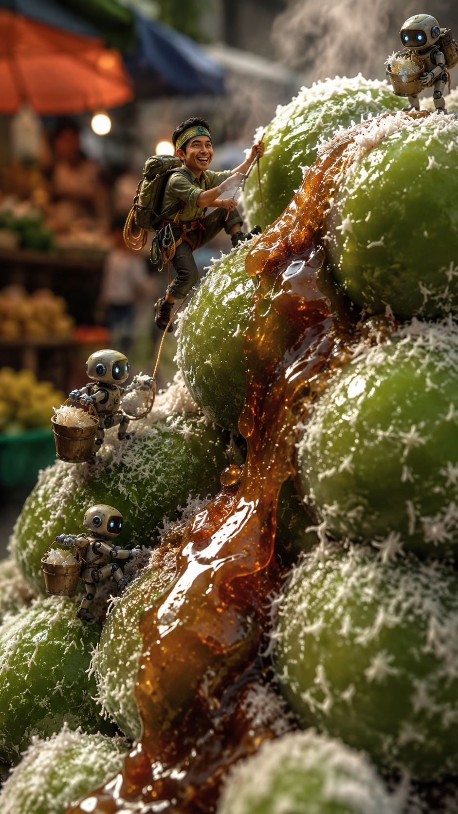 An extreme macro close-up of a miniature man climbing a giant green *klepon* mou